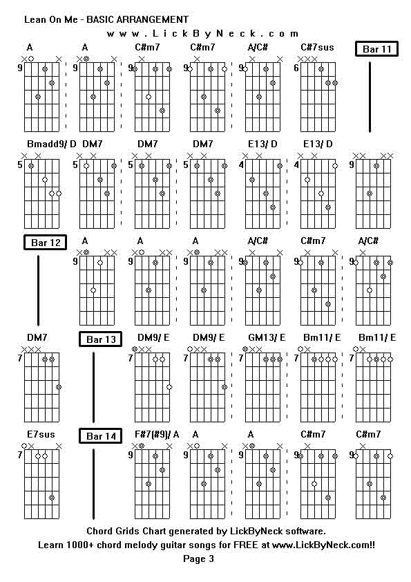 Chord Grids Chart of chord melody fingerstyle guitar song-Lean On Me - BASIC ARRANGEMENT,generated by LickByNeck software.